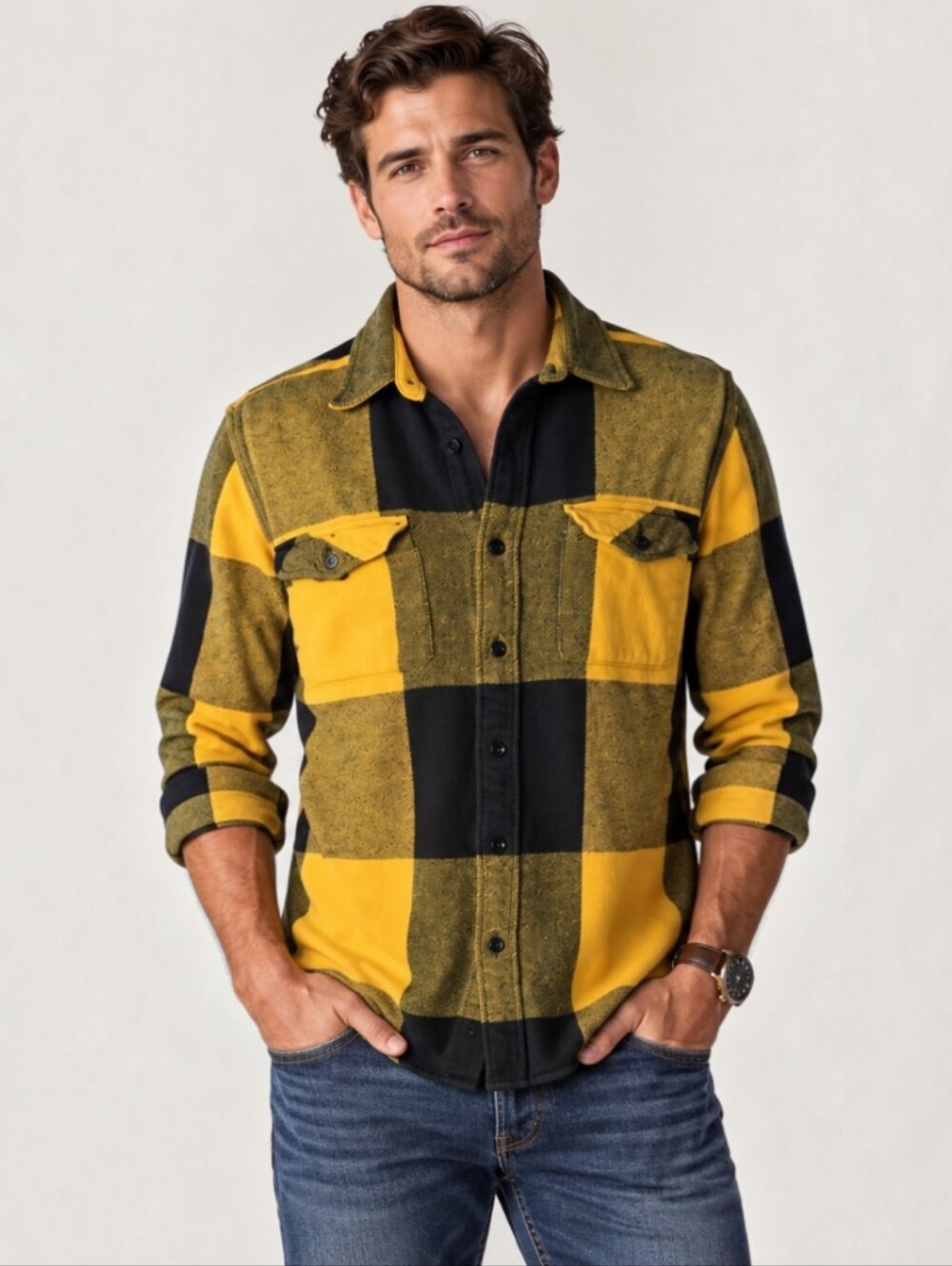 American Eagle Mens Large L Yellow Black Plaid Flannel Button Down Shirt